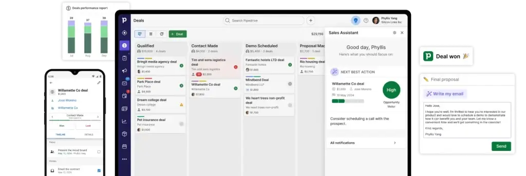 Imagem demonstrando o software de gerenciamento de vendas da Pipedrive, com gráficos, propostas e atualizações sobre negócios, otimizando o fluxo de trabalho e a colaboração de equipes.