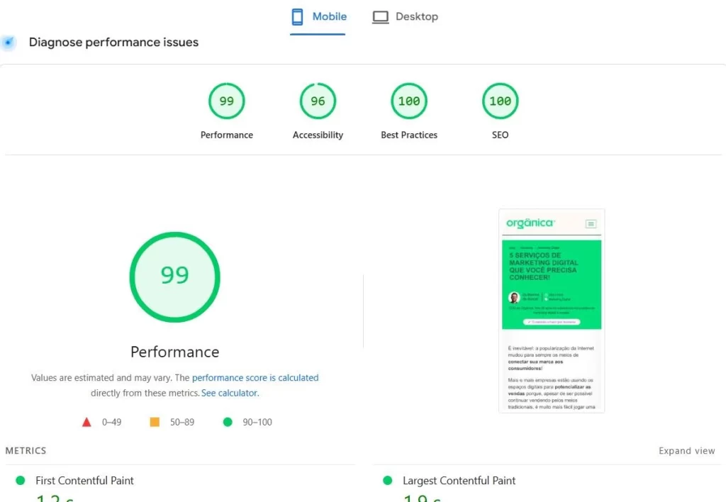 Imagem de uma análise de desempenho de um site no Google PageSpeed Insights com notas altas em Performance, Acessibilidade, Melhores Práticas e SEO, destacando a eficiência de um site bem otimizado.