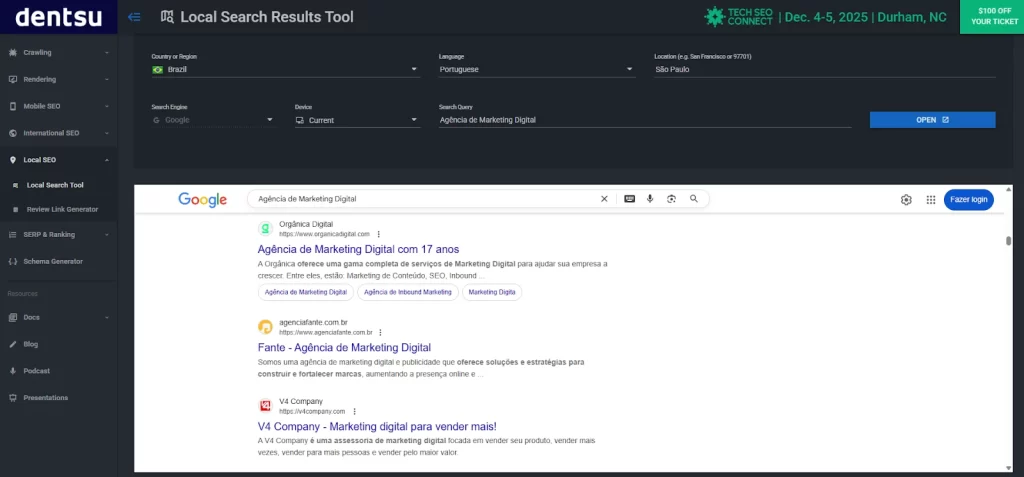 Imagem de uma busca na Locale-Adaptive Testerpor Agência de Marketing Digital, mostrando resultados relacionados a marketing digital, empresas e estratégias online.