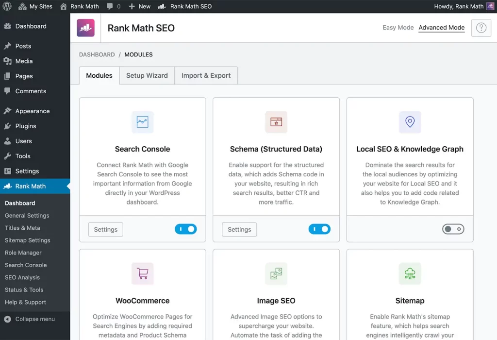 Imagem do painel do plugin Rank Math SEO no painel do WordPress, destacando as opções de otimização para SEO, incluindo Search Console, Schema, Local SEO, WooCommerce, Image SEO e Sitemap, essenciais para melhorar o posicionamento nos motores de busca e otimizar sites para palavras-chave relacionadas ao SEO.