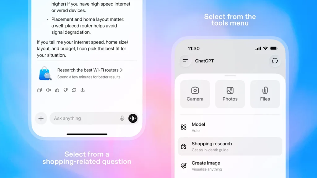 Interface do ChatGPT mostrando opções de menu de ferramentas para pesquisa de compras, criação de imagens e seleção de fotos, com fundo degradê azul e rosa