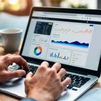 Pessoa analisando dados de ferramentas de SEO em um laptop, com gráficos e relatórios de desempenho para otimizar estratégias digitais.