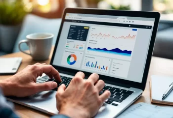 Pessoa analisando dados de ferramentas de SEO em um laptop, com gr&aacute;ficos e relat&oacute;rios de desempenho para otimizar estrat&eacute;gias digitais.